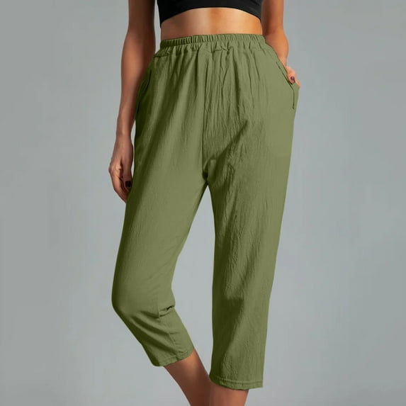 LoyisViDion Women Casual Pants Solid Color Pockets Elastic Waist Comfortable Straight Calf-Length Pants Army Green 12(XXL)