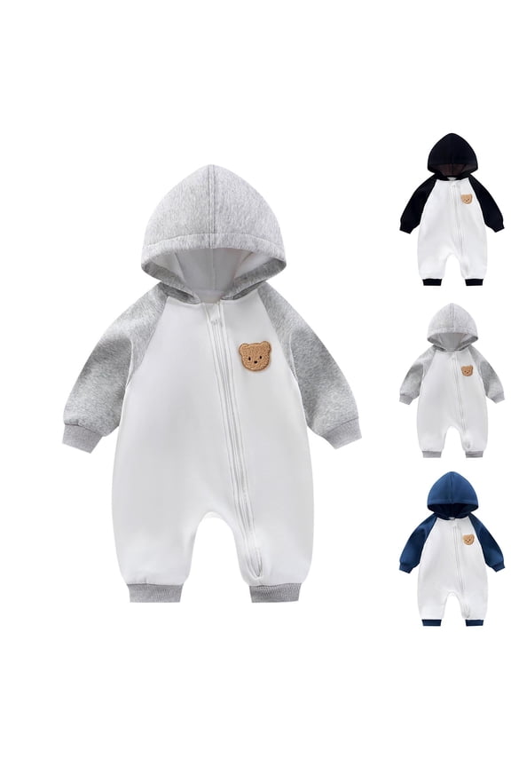 Kids Fall Romper, Toddler Thick Jumpsuits, Infant Toddler Children's Velvet Embroidered Hooded Outer Sports Color Blocked Zipper Jumpsuit Black,0-6 Months