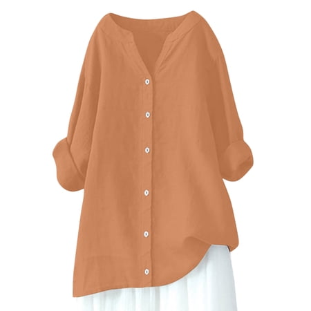Blouses Spring T Shirts Trendy Fitted Women's V-Neck Long Sleeve Button Linen Tunic Spring Blouse My Items