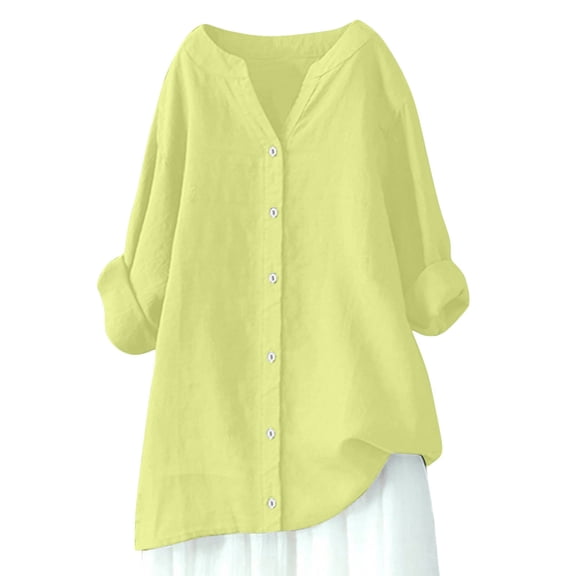 Long Sleeve Spring Tops 2026 Women's Tops Women's V-Neck Long Sleeve Button Linen Tunic Spring Blouse My Items