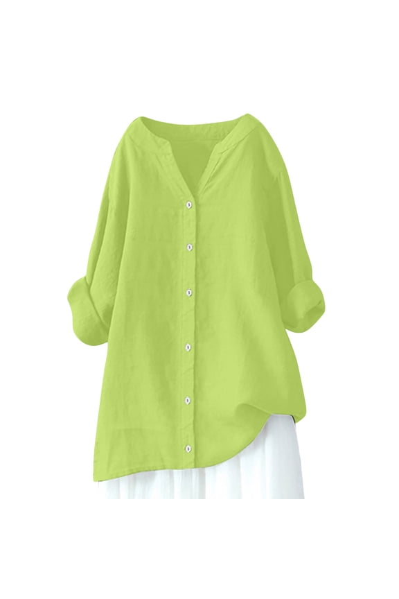 Long Sleeve Tops Womens Tops Blouses Women's V-Neck Long Sleeve Button Linen Tunic Spring Blouse My Items