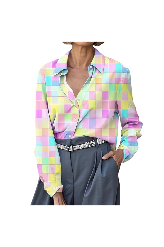 Womens Blouses Long Sleeve Plus Size Womens Shirts Women Print Tops Lapel Long Sleeve Shirt My Items My Items