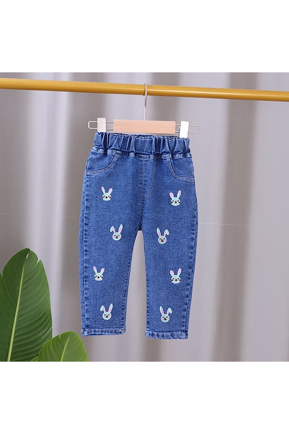 Girls Casual Denim Pants, Fall Long Pants for Kids, Toddler Solid Color Elastic Waistband for Play and Everyday Wear Denim Pants for Boys and Girls Blue, 1-2 Years