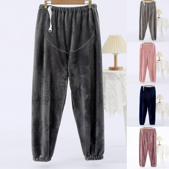 Swuxness Maternity Fleece Thickened Full Length Pants, Women Fall Home Straight Pants, Women's Pregnancy Solid Color Fleece Thickened Plus Size Cuffed Pants for Women Gray, L