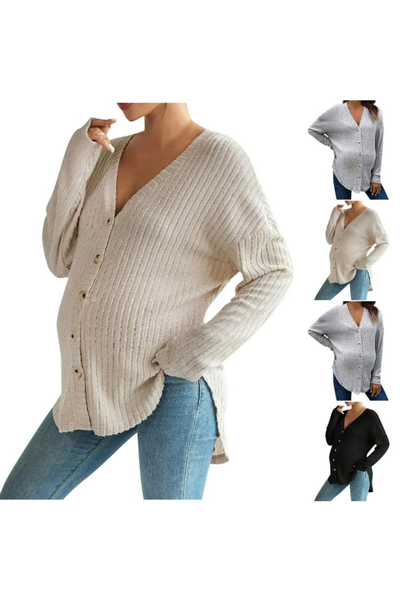 Pregnant Loose Long Sleeve Sweater, Women Fall Casual Tops, Pregnancy Solid Color V Neck Cardigan Open Front Knit Drop Shoulder Nursing Sweater for Women Black, S