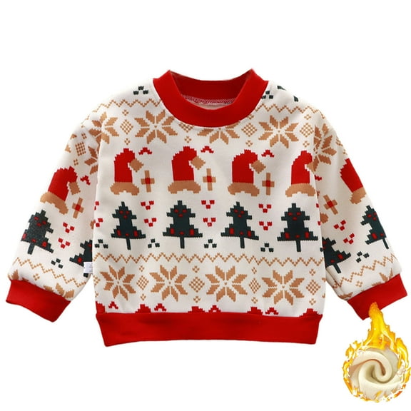 Swuxness Toddler Fleece Long Sleeve Sweater, Toddler Winter Warm Tops, Boys and Girls Crewneck Print Fleece Lined Warm Comfortable Casual Wear Sweater for Kids Red, 4-5 Years