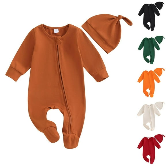 Swuxness Toddler Long Sleeve Rompers Two Piece Sets, Kids Fall Casual Long Pants Sets, Kids Solid Color Crew Neck Footed Romper with Hat Outfit for Boys and Girls Orange, 0-3 Months