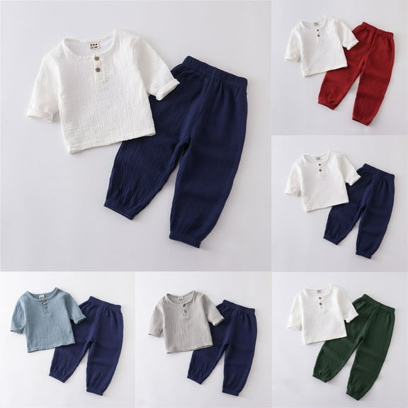 Swuxness Toddler Long Sleeve Two Piece Sets, Kids Summer Casual Long Pants Sets, Toddler Round Neck Button Front Top and Elastic Waist Drawstring Pants Outfit Gray, 9-12 Months