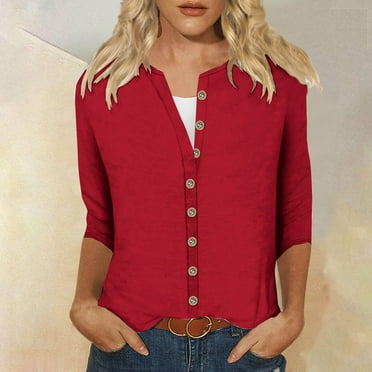 Fall Savings! Titcea 3/4 Length Sleeve Womens Tops Solid Color Round Neck Buttons Cardigans Lightweight Casual Blouses