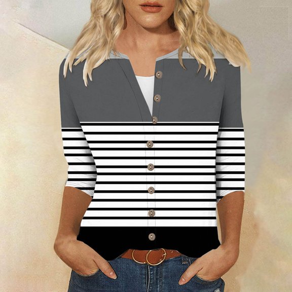 Titcea 3/4 Length Sleeve Womens Tops Striped Printed Round Neck Buttons Cardigans Lightweight Casual Blouses
