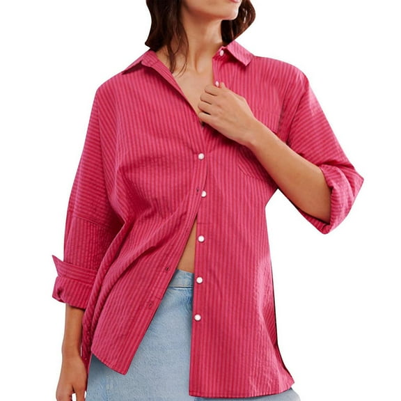 Titcea Ladies Tops and Blouses Bubble Wrinkled Striped Printed Long Sleeve Lapel Neck Buttons Shirts Loose Comfort Casual Blouses