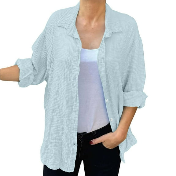 Titcea Ladies Tops and Blouses Solid Color Long Sleeve Lapel Neck Buttons Shirts Loose Comfort Casual Blouses with Pockets