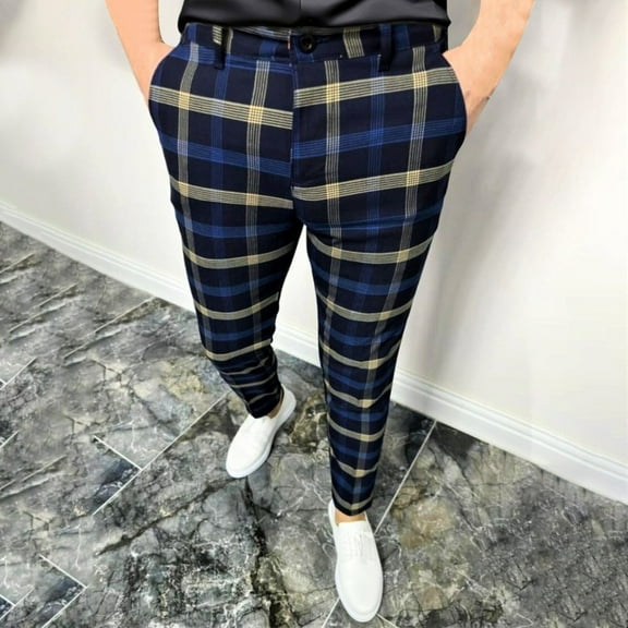 Titcea Men's Pants Plaid Printed Buttons Zipper Casual Pants with Pockets Trendy Thin Legged Pants