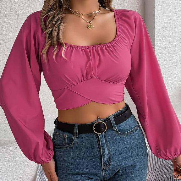 Titcea Tops for Women Trendy Lantern Sleeve Waist Chiffon Round Neck Long Sleeve Blouses Cute Sexy Casual Shirts