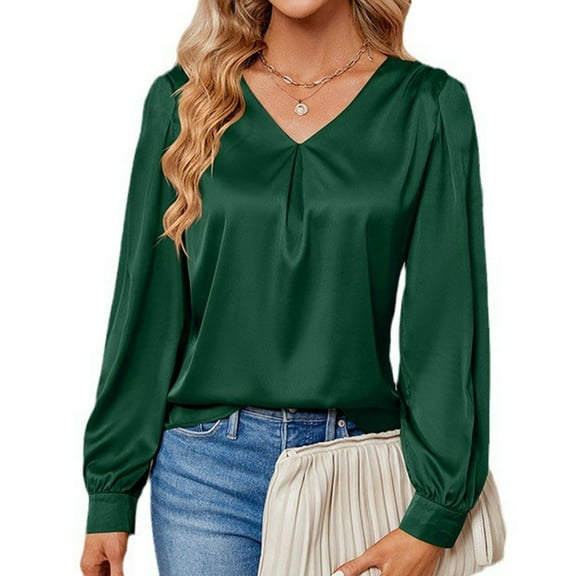 Titcea Tops for Women Trendy Solid Color V Neck Satin Pleated Long Sleeve Blouses Loose Comfort Casual Shirts