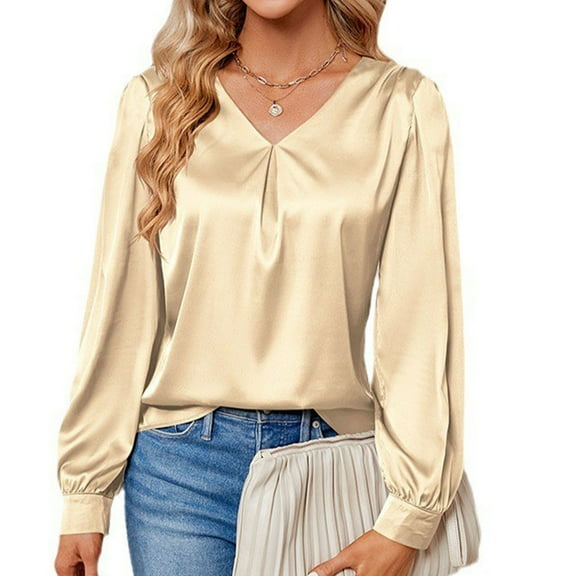 Titcea Tops for Women Trendy Solid Color V Neck Satin Pleated Long Sleeve Blouses Loose Comfort Casual Shirts