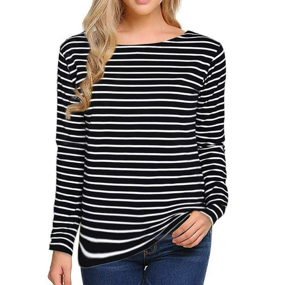 Titcea Tops for Women Trendy Striped Printed Round Neck Long Sleeve T Shirts Loose Comfort Casual Blouses