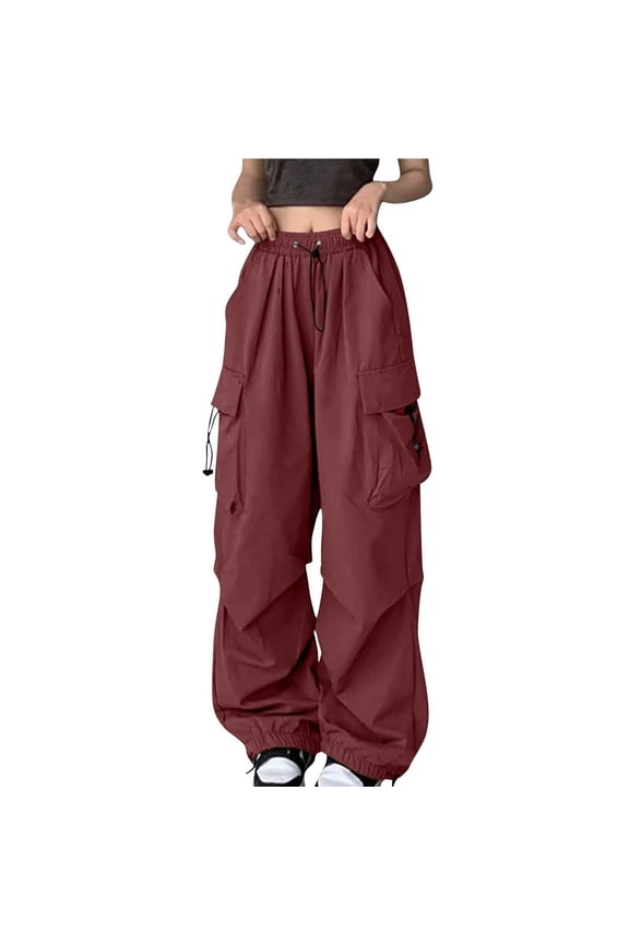 Fall UTSJKR Women's Streetwear Oversized Cargo Pants with Pockets High Waist Long Wide Leg Baggy Trousers Hip Hop Jogger Pants Wine 6