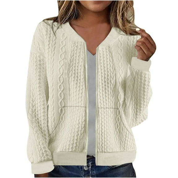 Fall Women Bomber Jacket Full Zip Up Coat with Pockets Long Sleeve Casual Solid Cropped Outerwear (L, Beige)