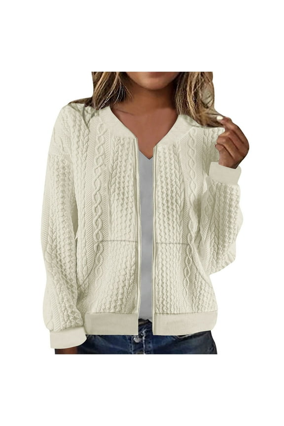 Fall Women Bomber Jacket Full Zip Up Coat with Pockets Long Sleeve Casual Solid Cropped Outerwear (L, Beige)