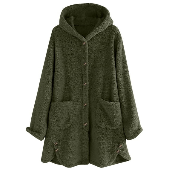 Women Solid Color Hooded Coat Winter Loose Jackets with Pockets Warm Long Sleeve Outerwear Fleece Button up Jacket My Order My Items