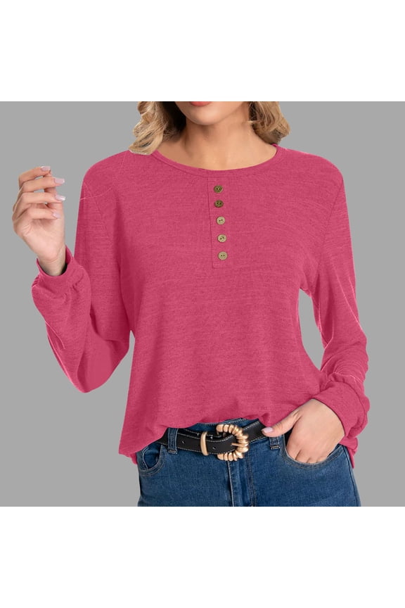 Women's Long Sleeve Shirts Women's Long Sleeve Pullover Solid Color Round Neck Fixed Buckle Fashion Casual Base Shirt, S-2XL
