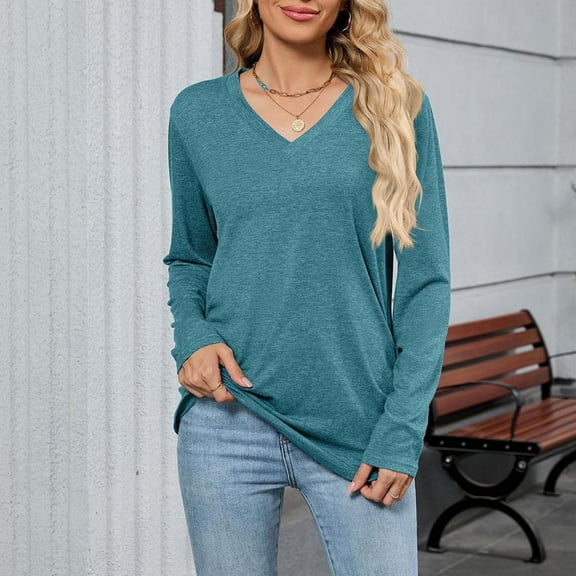 Women's Long Sleeve T-Shirts Women's Solid Color Long Sleeved V-Neck Side Pleated Pullover Fashionable Top, S-2XL