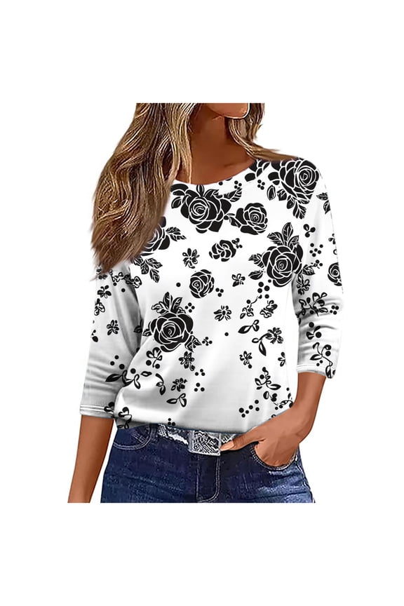 Women's Plain T-Shirts Women's Shirts Casual Women's T Shirts Loose Fit 3/4 Sleeves Womens Blouses Trending Gifts