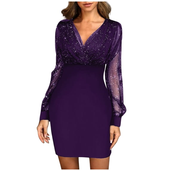 Fall Savings! Zpanxa Womens Wedding Guest Dresses, Fashion Sequins New Fall Black Retro Elegant Party Club Dress, Cocktail Dresses for Women Evening Party Purple M