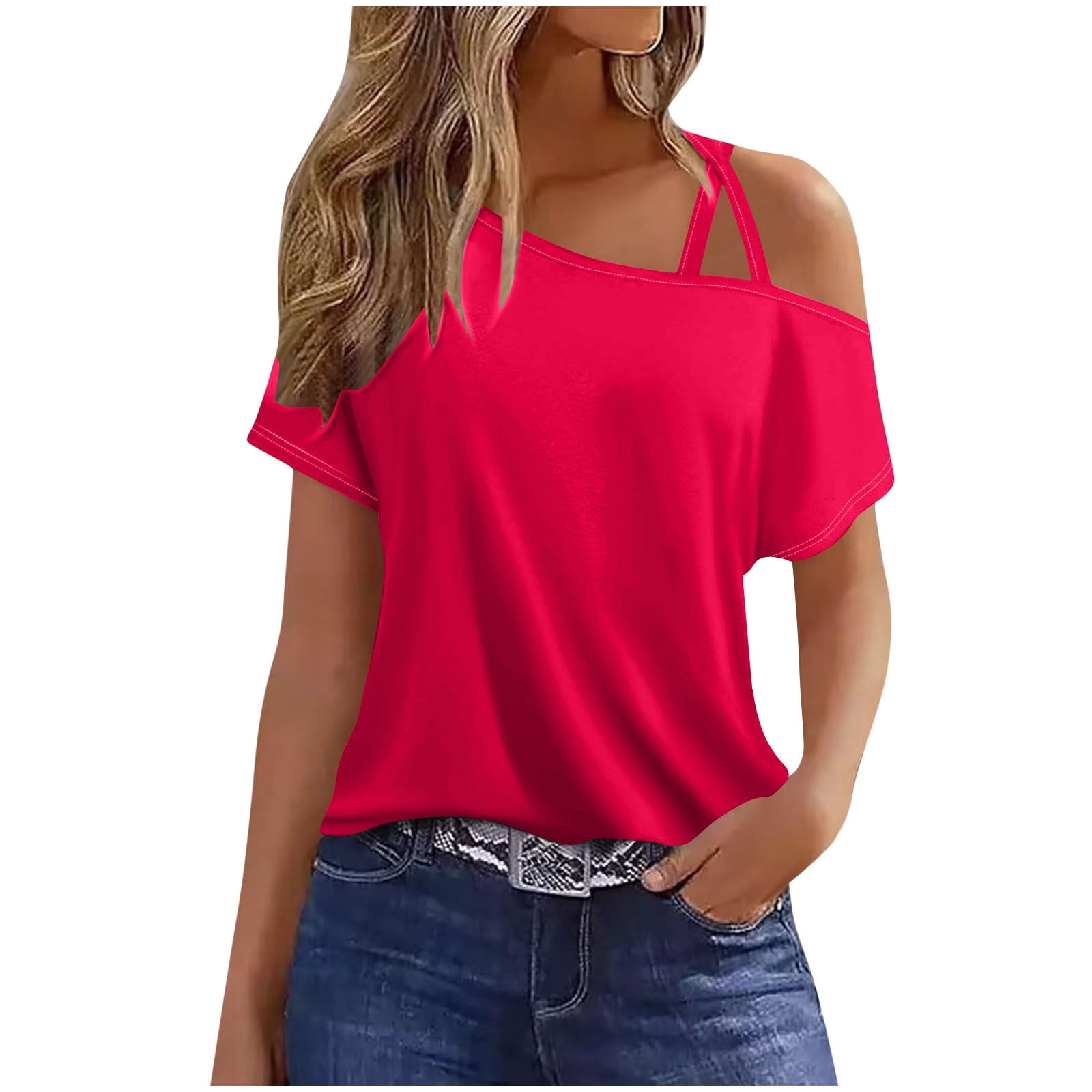 gakvbuo Fall Cold Shoulder Shirts Womens Summer Tops Short Sleeve One ...