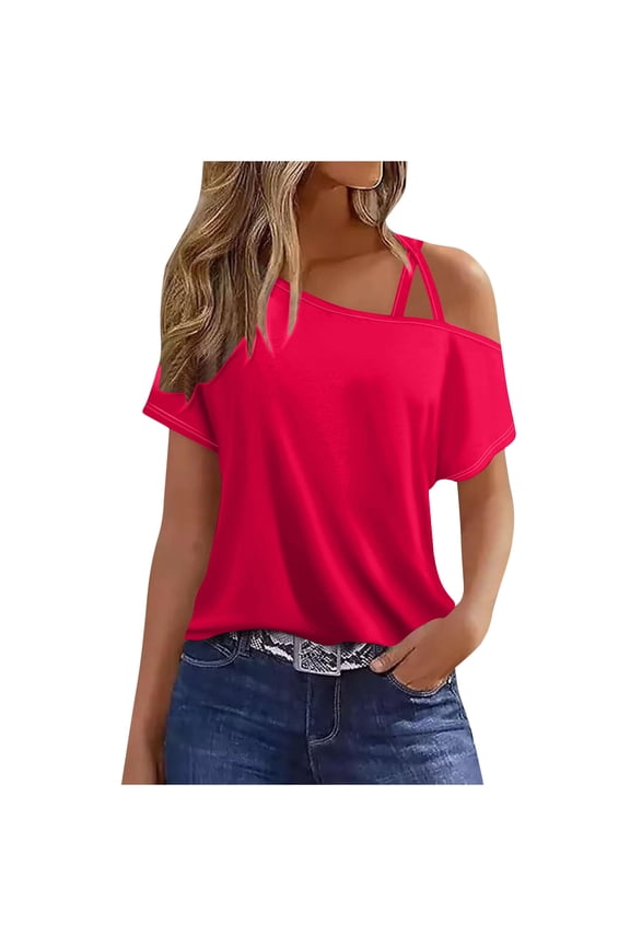 Fall Cold Shoulder Shirts Womens Summer Tops Short Sleeve One Sided Button Ruched Blouse T-Shirt Casual One Shoulder Tops Vacation Off The Shoulder Tunic Tee Top