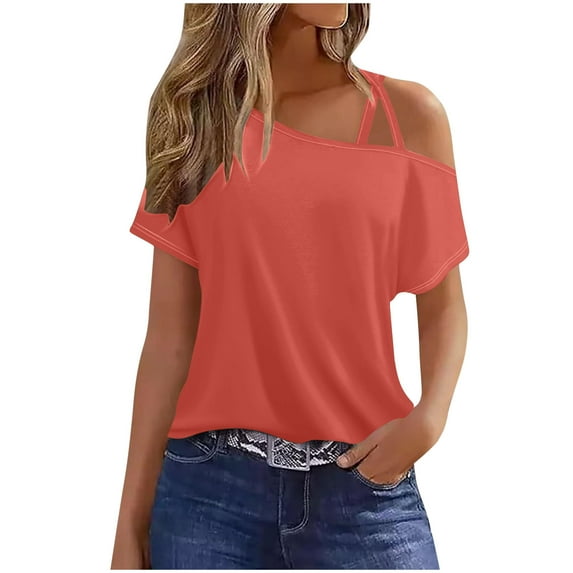 gakvbuo Fall Cold Shoulder Shirts Womens Summer Tops Short Sleeve One Sided Button Ruched Blouse T-Shirt Casual One Shoulder Tops Vacation Off The Shoulder Tunic Tee Top