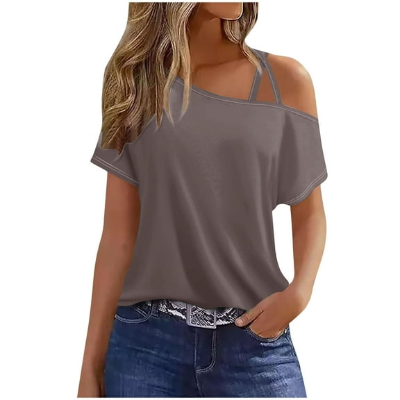 gakvbuo Fall Cold Shoulder Shirts Womens Summer Tops Short Sleeve One Sided Button Ruched Blouse T-Shirt Casual One Shoulder Tops Vacation Off The Shoulder Tunic Tee Top