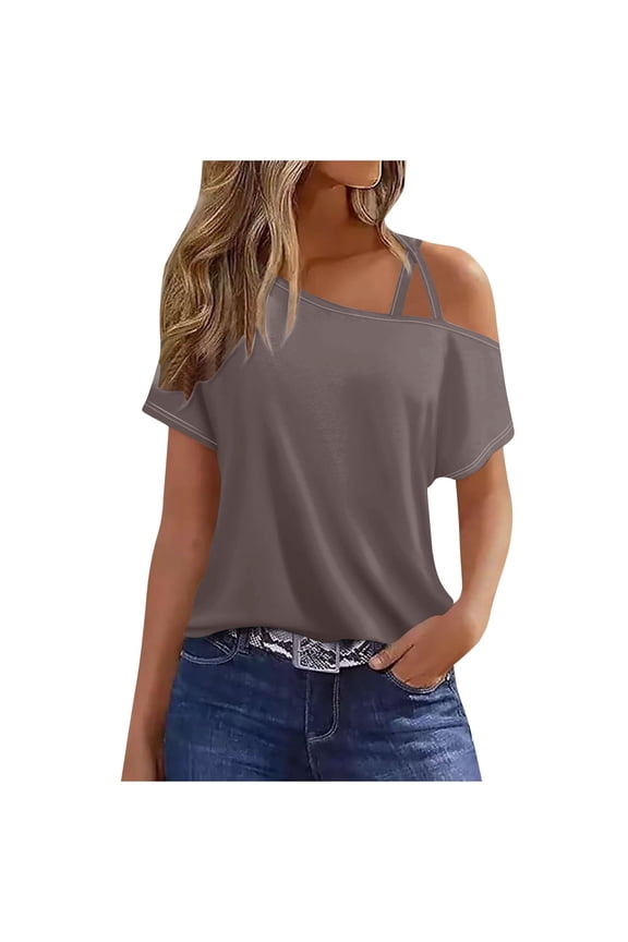 Fall Cold Shoulder Shirts Womens Summer Tops Short Sleeve One Sided Button Ruched Blouse T-Shirt Casual One Shoulder Tops Vacation Off The Shoulder Tunic Tee Top