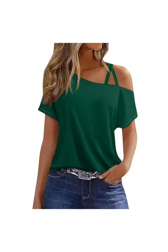 Fall Cold Shoulder Shirts Womens Summer Tops Short Sleeve One Sided Button Ruched Blouse T-Shirt Casual One Shoulder Tops Vacation Off The Shoulder Tunic Tee Top