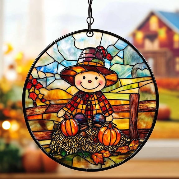 Fall Scarecrow Faux Wavy Acrylic Wavy Acrylic Suncatcher, Round Window Hanging, Thanksgiving Country Decor Gift For Her Or Kitchen