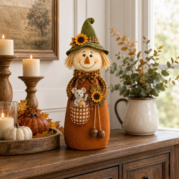 Fall Scarecrow Figurine Set 9 Inch, Thanksgiving Harvest Rustic Farmhouse Tabletop Decor for Mantel Entryway Sideboard, Autumn Seasonal Home Ornament