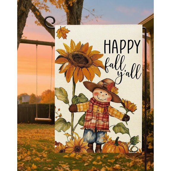 Fall Scarecrow Garden Flag 12 x 18 Inch Double Sided, Happy Fall Y'all Holiday Outside Decorations Burlap Yard Flag