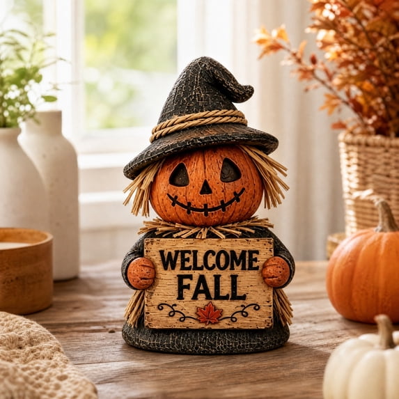 Fall Scarecrow Pumpkin Figurine Set 3 Piece, Resin Tabletop Decor with Welcome Fall and Happy Signs, Vintage Straw Maple Sunflower Statue for Mantel Shelf and Porch, Thanksgiving Halloween Gift