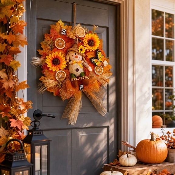Fall Scarecrow Wreath, Multicolor Cloth Thanksgiving Halloween Decor, Sunflower Maple Leaf Wreath for Front Door Outdoor Wall Display