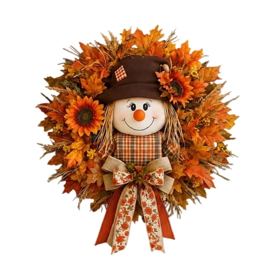 Fall Scarecrow Wreath with Sunflowers and Plaid Bow, Farmhouse Front Door Wall Decor, Thanksgiving Autumn Harvest Display, Seasonal Present Family Gathering