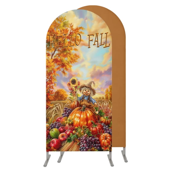 Fall Scarecrows Arch Backdrop Cover 7.2 FT,Spandex Wedding Arch Stand Covers Stretchy Backdrop,Autumn Thanksgiving Farm Pumpkins Fruit Round Top Party Arched Background for Birthday Event Baby Shower