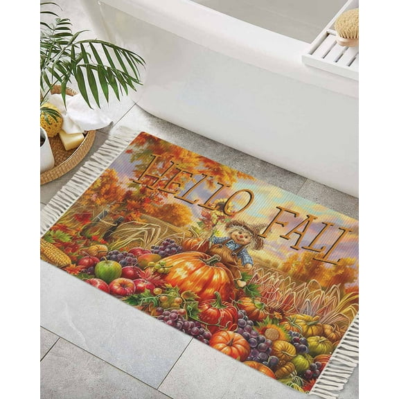 Fall Scarecrows Bath Rug 2x3ft Woven Bathroom Entryway Runner Rug,Autumn Thanksgiving Farm Pumpkins Fruit Washable Living Room Hallway Bedroom Kitchen Carpet with Tassels,Indoor Outdoor Doormat