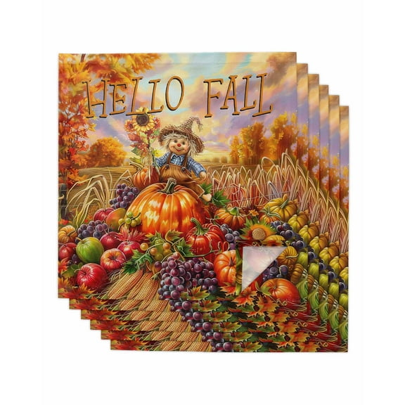 Fall Scarecrows Cloth Napkins Washable Set of 6, Autumn Thanksgiving Farm Pumpkins Fruit Reusable Dinner Table Napkins Cloth Bulk for Weddings Kitchen Restaurants Hotel Events Parties 20 x 20 Inch