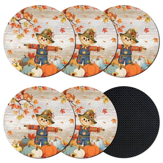 Fall Scarecrows Coasters Set of 6, Absorbent Coasters for Drinks, Thanksgiving Autumn Pumpkins Leaves Brown Coaster for Desk Coffee Table Protection, Home Decor House Warming Gifts 4"