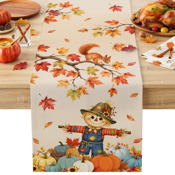 Fall Scarecrows Cotton Linen Rectangle Table Runners 13"x36", Thanksgiving Autumn Pumpkins Leaves Orange Coffee Table Runner Dresser Scarves Table Runners for Wedding Party Banquet Dinner Decor