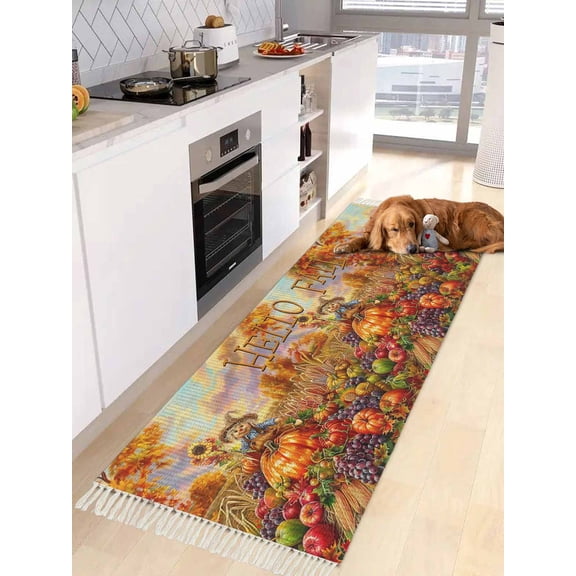 Fall Scarecrows Entryway Runner Rug 2x4ft,Autumn Thanksgiving Farm Pumpkins Fruit Washable Woven Living Room Hallway Bedroom Kitchen Carpet with Tassels,Indoor Outdoor Throw Door Mat for Entryway