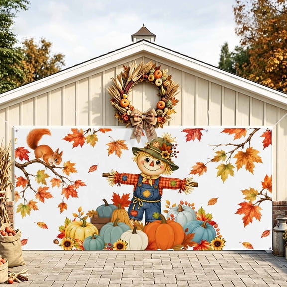 Fall Scarecrows Garage Door Banner 6.9x8 Ft, Thanksgiving Autumn Harvest Pumpkins Leaves Outdoor Garage Door Cover for Holiday Party, Hanging Banner Backdrop Decoration Wall Decor Flag
