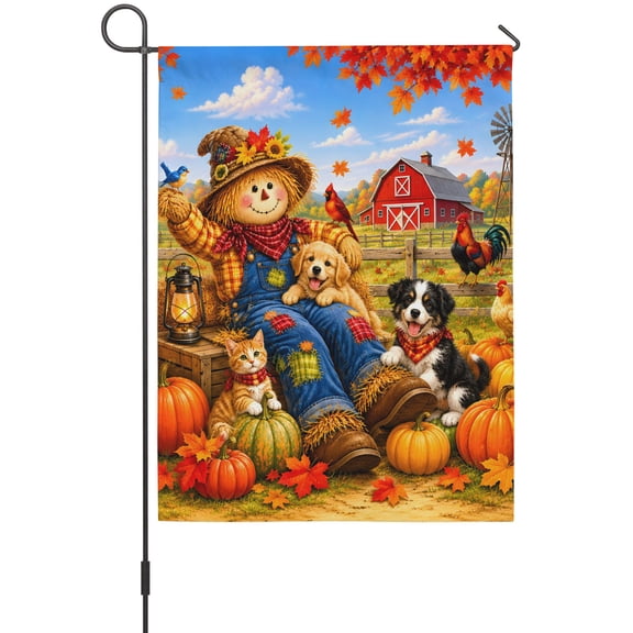 Fall Scarecrows Garden Flag 12 x 18 Inches, Farm Pumpkins Red Barn Cat Dog Maple Leaf Country Weather Proof Outdoor Patio Flags Double Sided Small Garden Decoration for Yard Outside Home