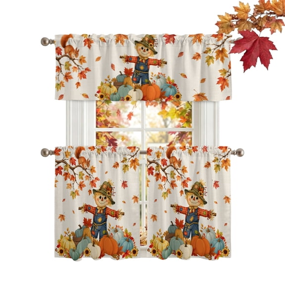 Fall Scarecrows Kitchen Curtains Sets 24 Inch Length Tier Curtain, Thanksgiving Autumn Pumpkins Leaves Beige Rod Pocket Window Treatments, Window Valance Curtains for Bathroom/Bedroom/Cafe 3 Panels
